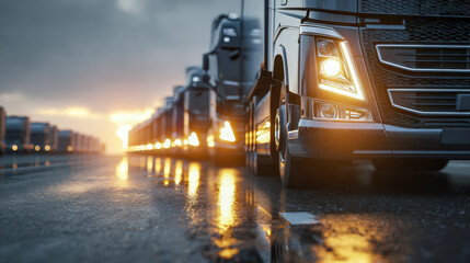 Fototapeta premium Row of modern semi trucks with headlights on lined up on a wet reflective road during sunset, emphasizing transportation and logistics industry concepts