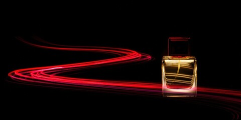 Perfume bottle illuminating with red light trails on black background