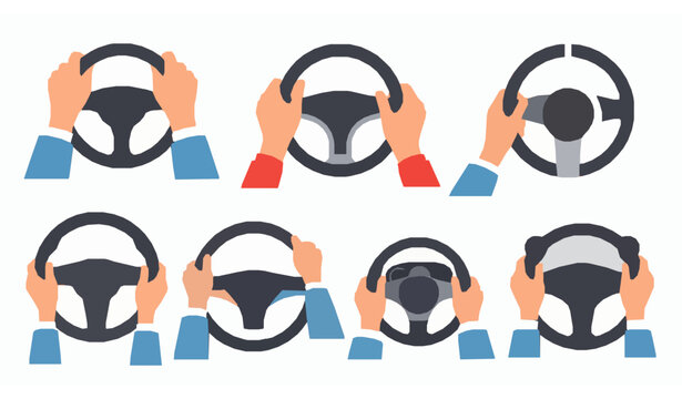 Steering wheel with cartoon hands flat vector set for driving and car control