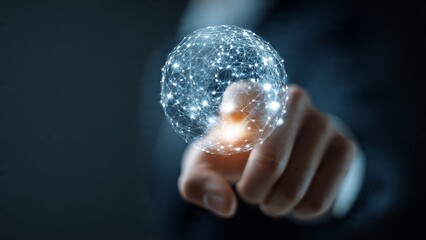 Businessman interacting with a holographic globe virtual office digital visualization modern environment close-up global strategy