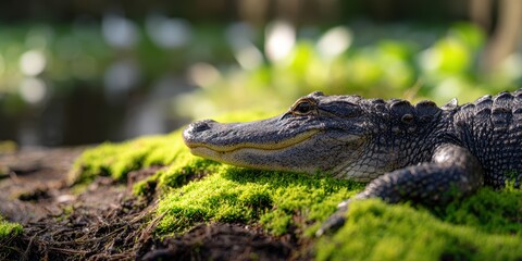 Obraz premium wildlife photography, a close-up of a huge american alligator on a muddy bank, with sharp detail on its scales and mossy back, and a sunlit florida wetland in the background