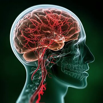 The human brain with its intricate vascular network and skeletal structure is visible in a transparent head.