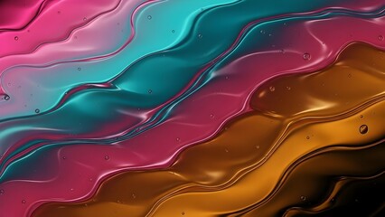 Abstract liquid metallic waves with floating water drops and vibrant colorful gradients