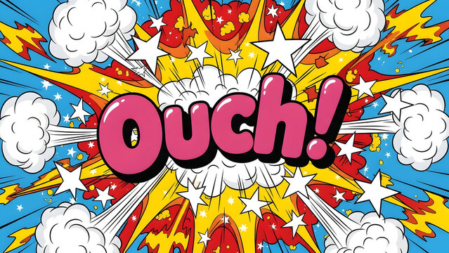Vibrant comic explosion with ouch text in bold pink letters