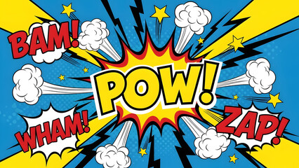 Vibrant comic book explosion with dynamic POW BAM WHAM ZAP words