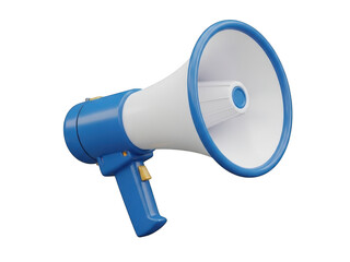 A 3D illustration of a blue and white megaphone with a handle and a wide speaker opening isolated on transparent background