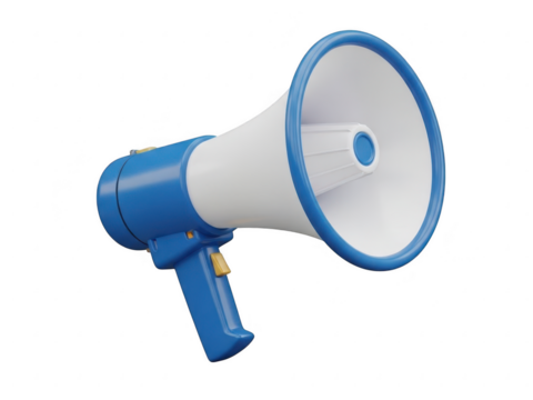 A 3D illustration of a blue and white megaphone with a handle and a wide speaker opening isolated on transparent background - Powered by Adobe