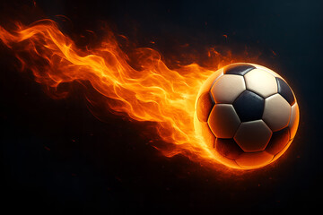 Naklejka premium Dynamic soccer ball engulfed in fiery flames streaks across a dark backdrop symbolizing intense competition passion and high stakes athletic