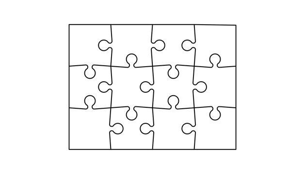 Laser cut puzzle template with 12 details. Jigsaw grid layout, 12‑piece 3x4 mosaic game background, blank infographic diagram, modern white vector illustration for templates and design projects