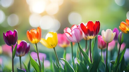 Colorful spring tulips blooming in sunlight flower