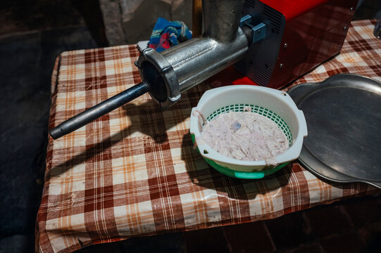 Traditional sausage stuffing with natural casings in Spain