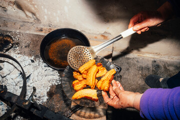 Traditional fried pork belly in rural setting