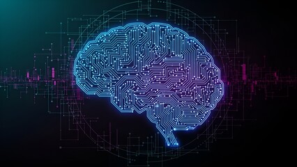 Abstract digital brain with glowing circuits and network connections on a dark background.