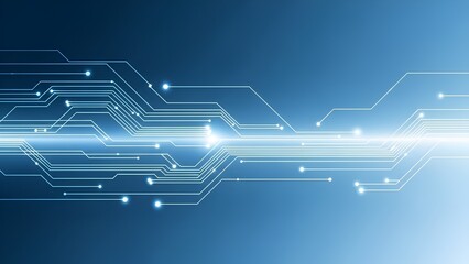 Abstract futuristic digital circuit board with glowing light streaks and nodes on a blue gradient.