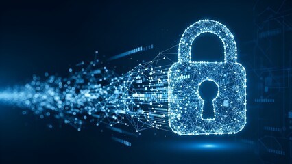 Digital padlock formed by glowing particles represents cybersecurity and data protection.