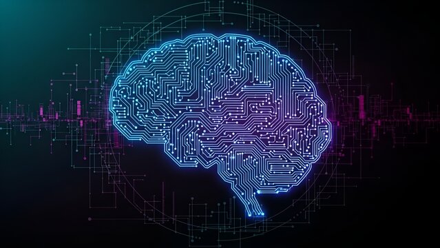 Abstract digital brain with glowing circuits and network connections on a dark background. - Powered by Adobe