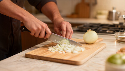 man cutting bread