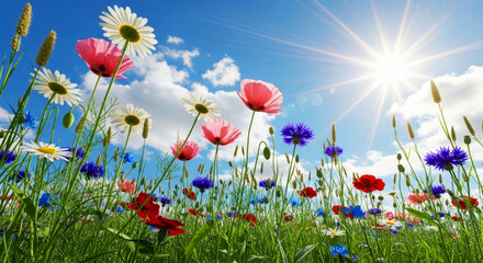 Colorful wildflowers meadow with daisies and poppies under bright sun and blue sky