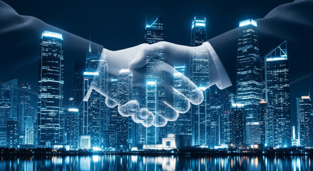 Double exposure of handshake and night city skyline for global business partnership concept