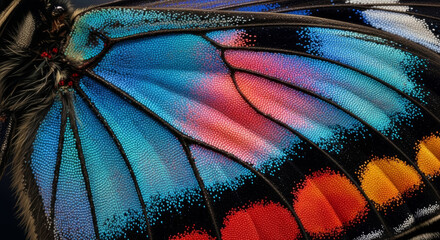 Extreme macro detail of colorful butterfly wing scales texture with blue and red