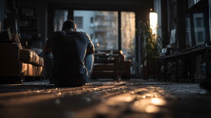 Emotional exhaustion visualized in a calm modern room where a person sits motionless, high resolution and high clarity