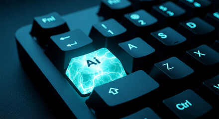 Futuristic computer keyboard with glowing electric Ai key and artificial intelligence concept