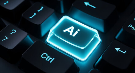 Futuristic computer keyboard with glowing blue Ai key for artificial intelligence concept