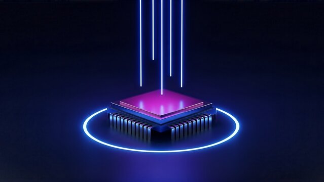 Futuristic Microchip with Glowing Pink Core and Blue Neon Ring &mdash; AI Processor Concept, High‑Tech Semiconductor Illustration with Data Beams, Digital Technology Background for Artificial Intelligence, 
