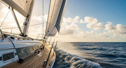 Luxury sailboat deck sailing on blue ocean waves at sunset with splashing water and sky