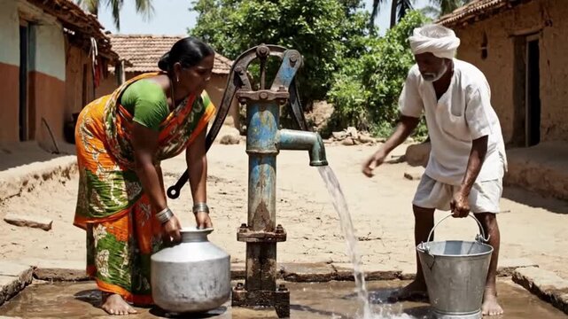 Rural Indian couple working together to manually pump clean drinking water from an old metal hand pump mechanism outdoors.