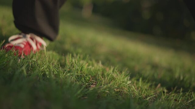 red sneakers stepping through grass, low groundlevel perspective capturing deliberate steps and soft morning light, dark baggy pants, gentle crouch and shift, calm outdoor motion, introspective slow