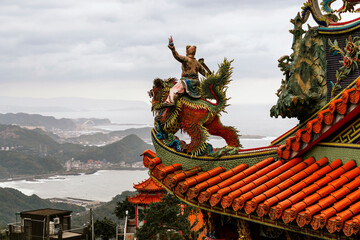 Vibrant dragon sculpture at a temple overlooking the coast of Taiwan