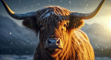 Majestic Scottish Highland Cow Portrait in Winter Snow with Golden Sunset Light