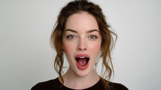 Close up studio portrait captures a young woman with striking green eyes expressing intense surprise or shock with her mouth wide open against a neutral backdrop.