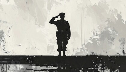 Silhouette of a soldier saluting against a textured, light gray background