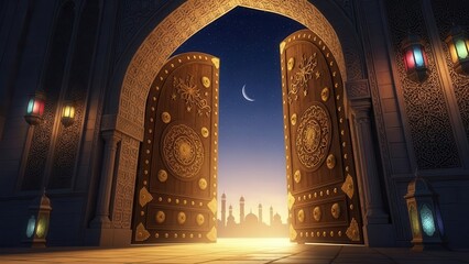Golden Doors to a New Dawn: Majestic, ornate wooden doors swing open to reveal a captivating city silhouette beneath a twilight sky, creating an atmosphere of mystery and wonder.