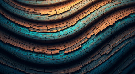 Wavy abstract background texture of cracked weathered wood with teal and rust colors