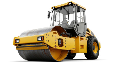 Yellow road roller heavy construction machinery isolated on white background