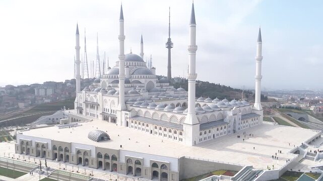 Aerial view of the New Camlica Mosque in Istanbul Turkey