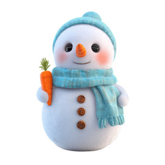 Smiling snowman with carrot nose in blue scarf and hat with warm soft lighting for winter greeting cards