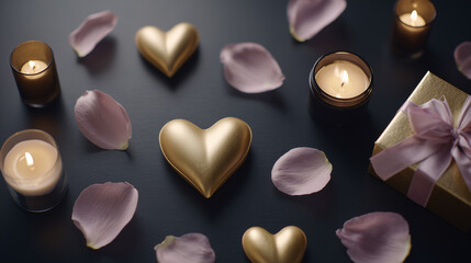 Fototapeta premium Romantic flat lay with golden hearts, candles, pink petals, and gift box on dark background. Cozy and elegant mood.