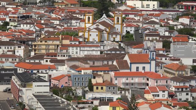 AZORES - 11.3.2025 - Fantastic aerial view of a parish and its surrounding buildings on the Azores' Terceira Island.