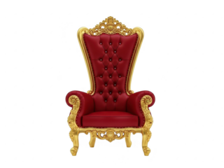 A ornate throne chair with a regal red velvet cushion and intricately carved gold accents