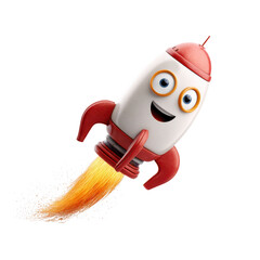 Smiling cartoon rocket with orange flames in vibrant 3D style with bright lighting for startup