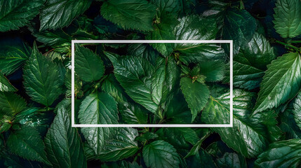 Green leaves with white rectangle frame foliage nature
