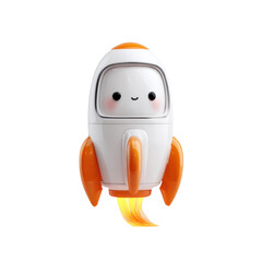 Cute robot toy in white and orange colors with smiling face in soft studio lighting for childrens decor