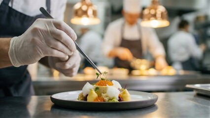 Man chef preparing molecular cuisine dish in professional kitchen. Artistic plating and gourmet food creation for fine dining. Culinary art concept