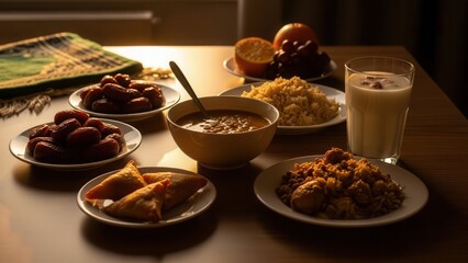 Festive Table: A table laden with an array of delicious dishes and beverages, all ready to be enjoyed during a special occasion, bathed in soft lighting.