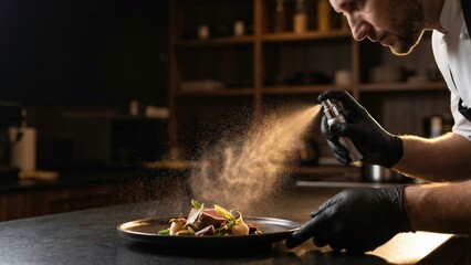 Male chef spraying molecular gastronomy dish with fine mist. Modern culinary art and innovation for gourmet food preparation