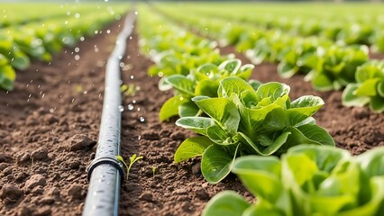 Irrigation system in action on a farm with soy crop in the countryside, utilizing drip equipment for efficient water distribution on farmland